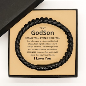 Regalo de ahijado / Pulsera de piedra con pulsera trenzada de cuero genuino / Regalo para ahijado de madrina, padrino, regalo de cumpleaños de ahijado