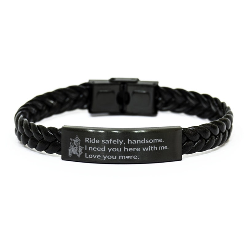 Motorcycle Gift Black Braided Leather Rope Engraved Bracelet Etsy