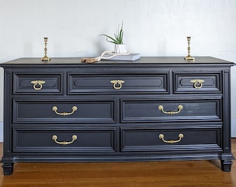 SOLD** Refinished Traditional Black Dresser, Gold Accents, Painted Modern Furniture