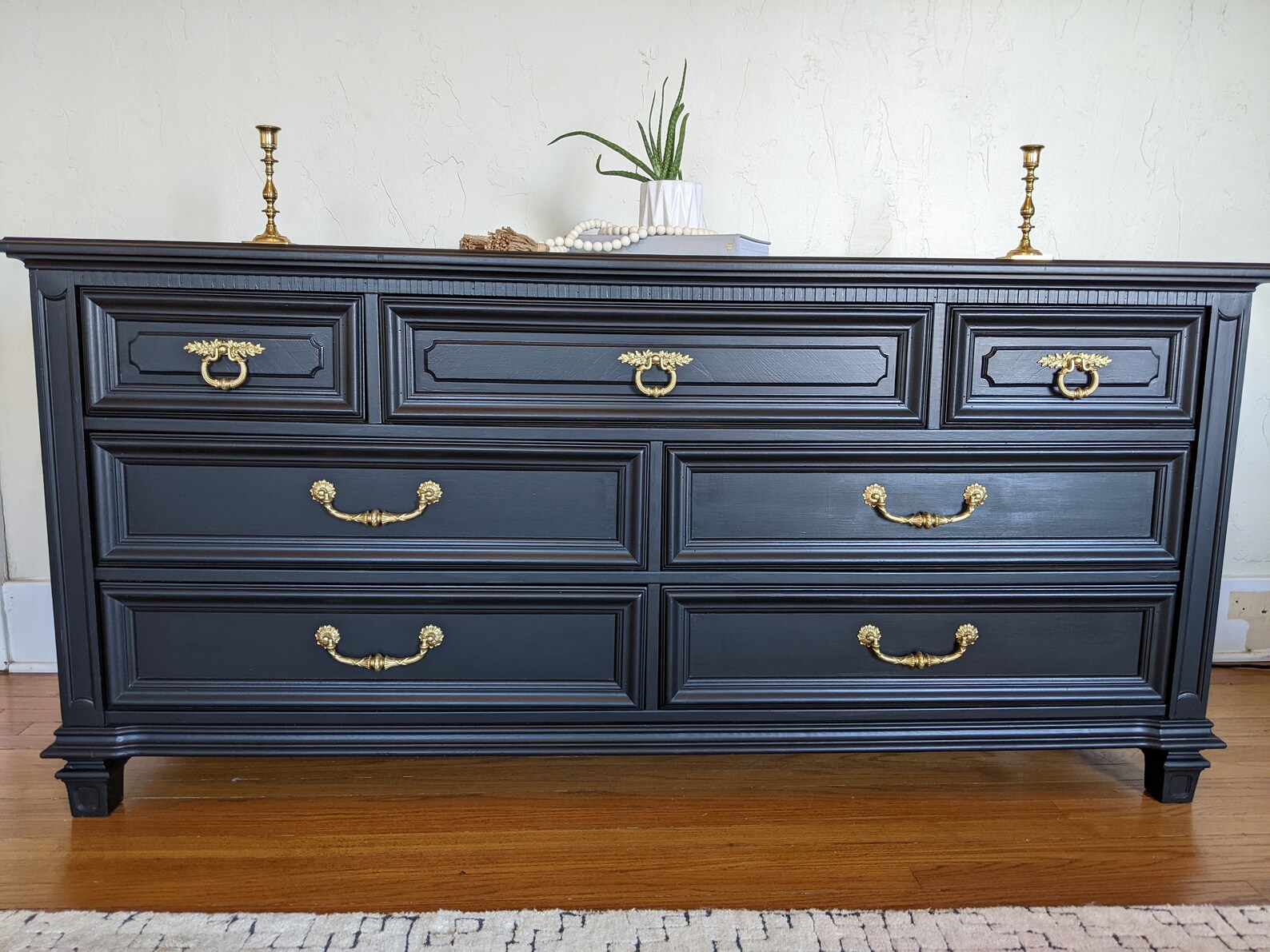 SOLD Refinished Traditional Black Dresser, Gold Accents, Painted Modern