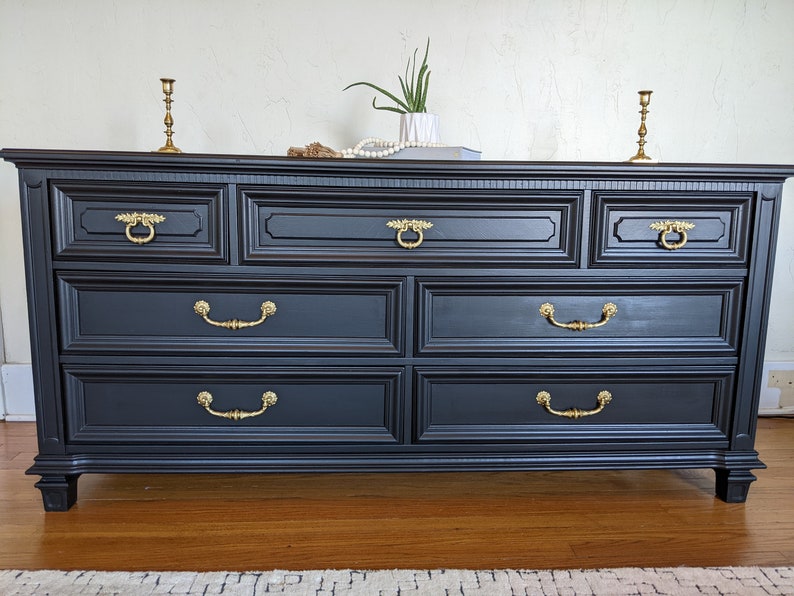 SOLD Refinished Traditional Black Dresser, Gold Accents, Painted Modern ...