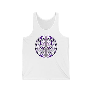 Unisex Jersey Tank Top with HAOutfits circular Maori design in purple.