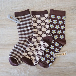Brown Plaid & Floral Cotton Socks | Woman Vintage Crew Socks | Short Boot Socks | Cozy Cute Girl Socks