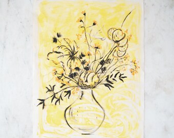 Vintage Yellow Flowers Charcoal and Pastel