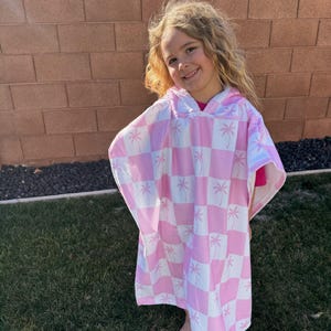 Pink Checker Hooded Towel, Surfer Girl Towel, Palm Tree Towel, Beach Towel for Toddler, Child, Infant. Girl Bath Towel, Soft Microfiber