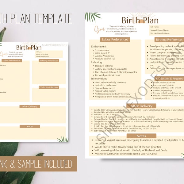Aesthetic Birth Plan | Birth Plan Template | Editable Canva Template | Labor and Birth Preferences | Boho | Printable | Pregnancy | Mama