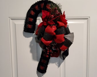 Gothic Wreath, Christmas wreath, black and red wreath, Candy cane wreath, yarn and ribbon wreath, indoor wreath,