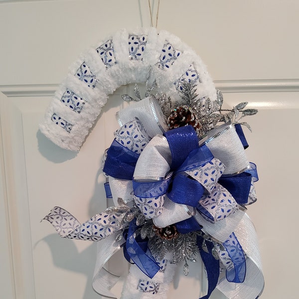 Blue Christmas Wreath, Candy cane, yarn and ribbon wreath, Hanukkah, blue candy cane wreath, Christmas wreath, x-mas wreath,  holiday wreath