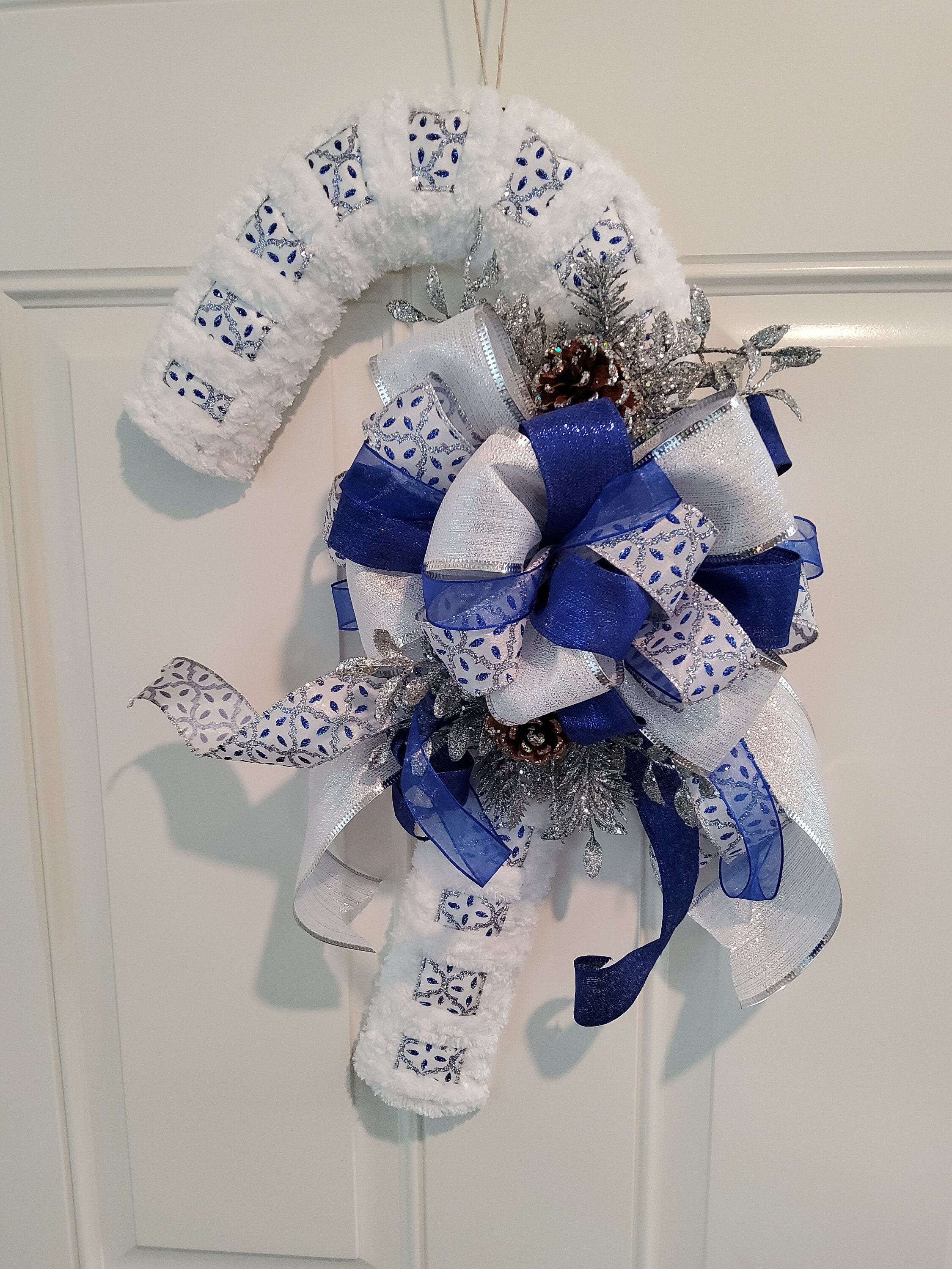 Blue Christmas Wreath Candy Cane Yarn and Ribbon Wreath Etsy
