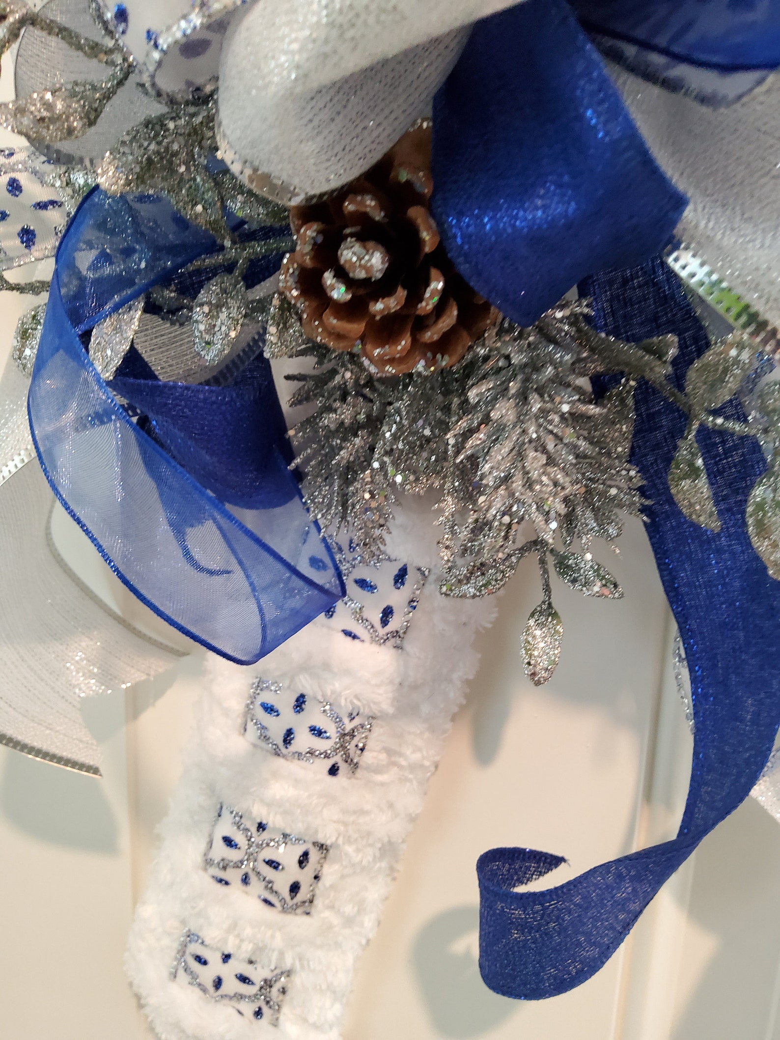 Blue Christmas Wreath Candy Cane Yarn and Ribbon Wreath Etsy
