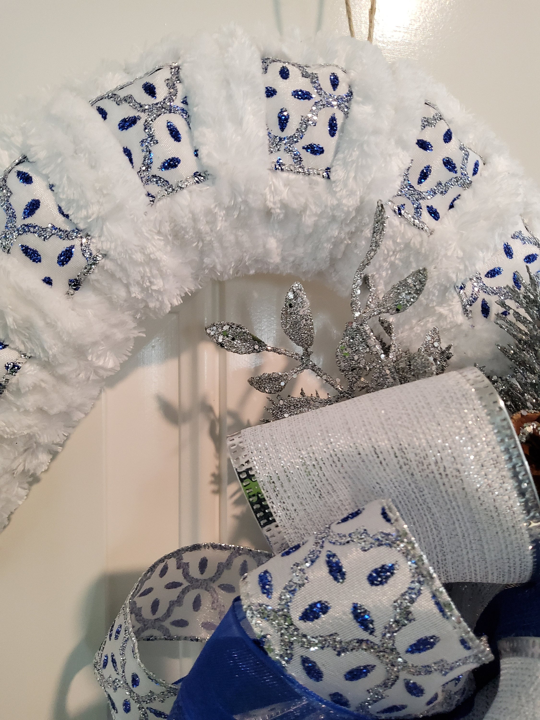 Blue Christmas Wreath Candy Cane Yarn and Ribbon Wreath Etsy