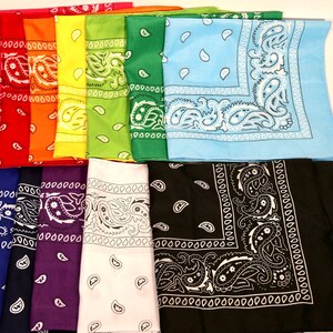 May include: A set of ten bandanas in various colors, including red, orange, yellow, green, blue, purple, white, and black. Each bandana features a paisley pattern with a white border.