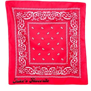 May include: A red bandana with a white paisley pattern border. The bandana has the text "Take's Faveorite" printed on the bottom.