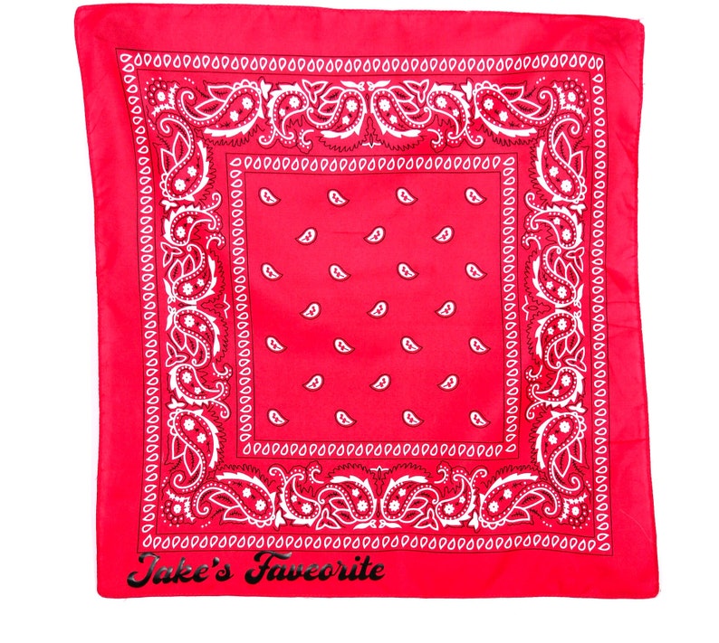 May include: A red bandana with a white paisley pattern border. The bandana has the text "Take's Faveorite" printed on the bottom.