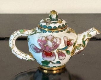 Minature White Enamel Teapot with Pink Iris Flowers
