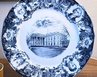 Assiette bleue et blanche Les fondateurs de notre république Fabriquée en Angleterre LS&S