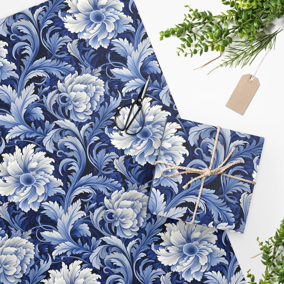 Cute Gift Wrapping Paper Roll wedgwood Blue Floral Botanical Unique Gift Wrap Etsy