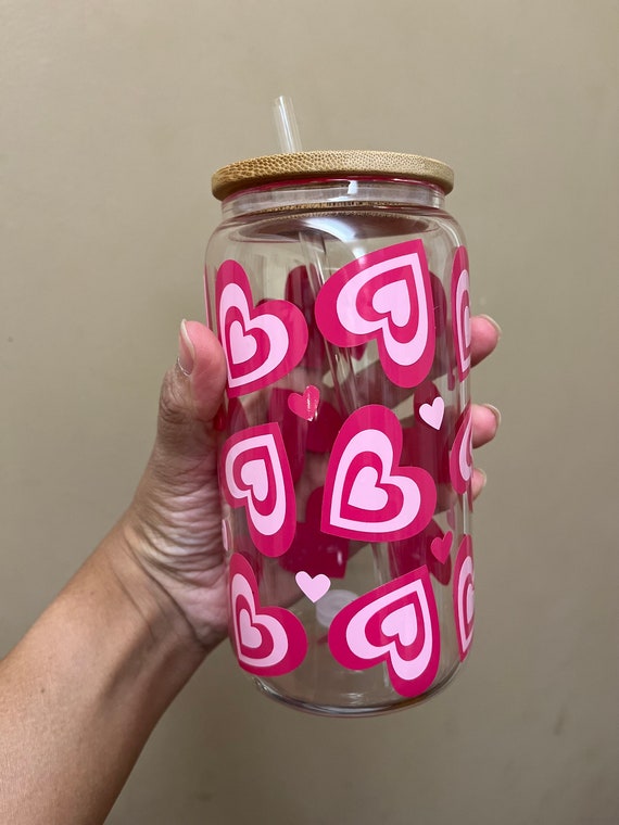 Hearts Snow Globe Glass Cup, Pink 16oz Glass Cup – DM Crafting By Dulce