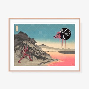 May include: A digital art print featuring a red robot standing on a mountain overlooking a pink and blue landscape with a black and white sphere in the sky. The text "レイエル" is written in Japanese on the mountain.
