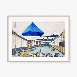 May include: A blue geometric shape hovers over a Japanese cityscape with a river and boats. The background features a mountain range, including Mount Fuji. The image is a digital art piece inspired by traditional Japanese woodblock prints.