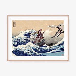 May include: A digital art print of a red and white robot fighting a giant sea monster in a blue wave, inspired by the famous Japanese woodblock print "The Great Wave off Kanagawa". The print includes the Japanese text "カエル" which means "frog".