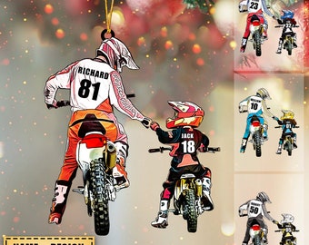 Personalized Motocross Racer Ornament, Dad And Kid Motocross Lovers, Dirt Biker Flat Ornament, Christmas Ornament 2024