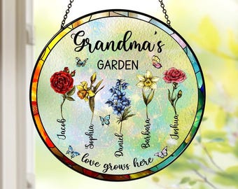 Personalized Grandma's Garden Gift For Grandma, Grandma Gift, Mother's Day Gift For Grandma, Nana Birth Month Flower Stain Glass Suncatcher