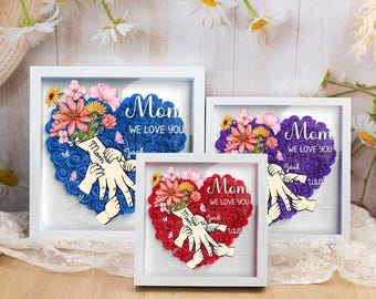 Personalized Flower Handprints Shadow Box For Mom Gift,Mom Heart Flower Shadow Box,Flower Mother Day,Gift for Mom, Grandma Nana, with Names