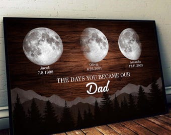 Lienzo personalizado con marco "El día que te convertiste en nuestro papá", lienzo con marco de fases lunares estilo vintage retro, regalo para el Día del Padre, regalo para papá con fases lunares
