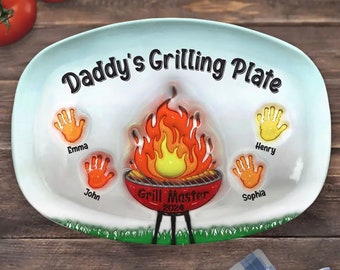 Assiette de grillades pour papa, cadeau de fête des pères, assiette barbecue personnalisée empreinte de main, assiette barbecue personnalisée pour papa