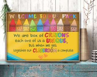 Affiche de crayons numérique, bienvenue dans notre pack, nous sommes une boîte de crayons, chacun de nous est unique, affiche de règles de classe, art mural pour la rentrée scolaire