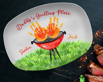 Daddy's Grilling Platter, Father's Day Gift, Personalized BBQ Handprint Plate, Custom Barbecue Platter For Dad