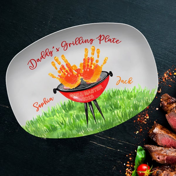 Daddy's Grilling Platter, Father's Day Gift, Personalized BBQ Handprint Plate, Custom Barbecue Platter For Dad