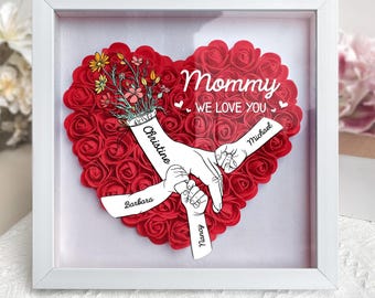 Personalized Flower Handprints Shadow Box For Mom Gift,Mom Heart Flower Shadow Box,Flower Mother Day,Gift for Mom, Grandma Nana, with Names