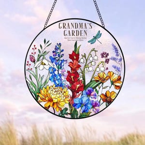 Grandma&#39;s Garden Suncatcher, Personalized Birth Flower Stained Glass Window Hanging Suncatcher, Mothers Day Gift For Grandma