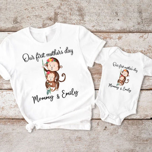 Personalized Our First Mother's Day Shirt,  Cute Monkey Mommy and Child Shirt, Mothers Day Matching Shirts, Mothers Day Shirt, New Mom Shirt