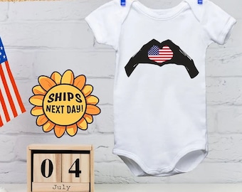 Hand Heart Onesie® American Flag Onesie® Patriotic Design, Baby Clothes, Independence Day Baby Outfit, Baby Bodysuit, 4th of July Baby Shirt