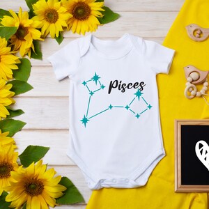 Pisces Zodiac Onesie® Bright Blue Stars Graphic Onesie® Pisces Baby Clothes, Zodiac Baby Clothes, Baby Birth Month Zodiac