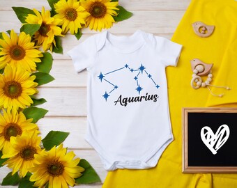 Aquarius Zodiac Onesie® Bright Blue Stars Graphic Onesie® Aquarius Baby Clothes, Zodiac Baby Clothes, Baby Birth Month Zodiac