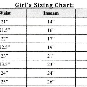 May include: A sizing chart for girls' clothing with measurements in inches for chest, waist, inseam, girth, and hips. The chart includes sizes 2 through 10.