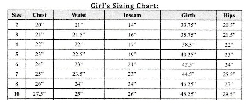 May include: A sizing chart for girls' clothing with measurements in inches for chest, waist, inseam, girth, and hips. The chart includes sizes 2 through 10.