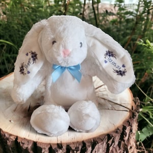 May include: A soft white bunny toy with a light blue bow, placed on a wooden tree stump. The bunny's ears feature floral patterns and the text "Reggie" and "02.05.23". The bunny has a pink nose and is set against a backdrop of green foliage.