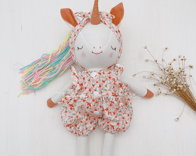 Handmade unicorn doll with removable outfits- handcrafted linen fabric toy- Unique heirloom art doll