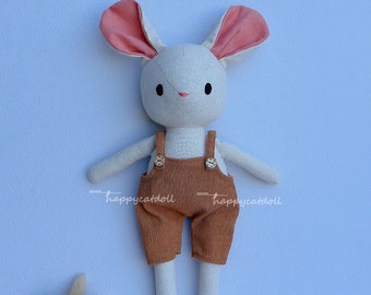 Handmade mouse doll with overalls - Linen fabric doll - First baby toys- Present for girls/ boys