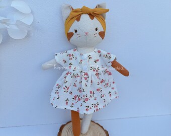 Handmade cat doll with flowers dress/ Embroidered names on request/ Fabric linen stuffed animal toys/ Gift for birthday