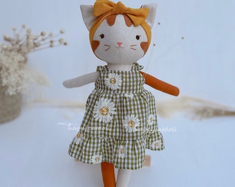 Handcrafted cat doll with dress - Handmade natural linen fabric stuffed animal toy kid