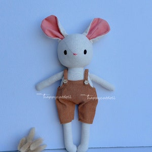Handmade mouse doll with overalls - Linen fabric doll - First baby toys- Present for girls/ boys