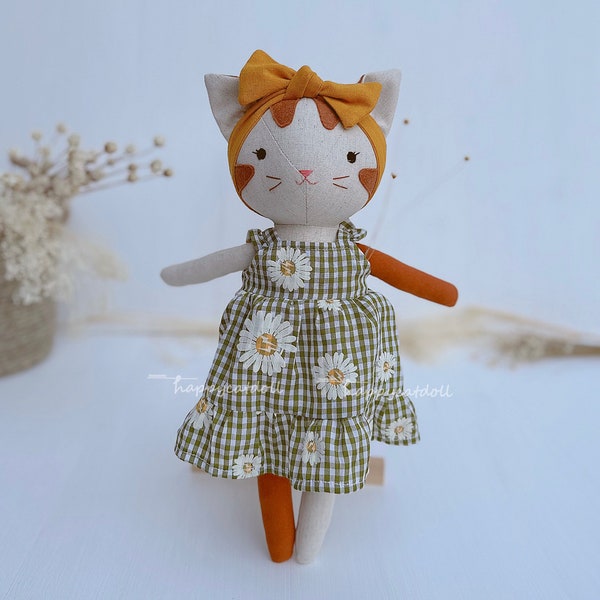 Handcrafted cat doll with dress - Handmade natural linen fabric stuffed animal toy kid