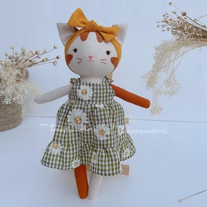 Handcrafted cat doll with dress Handmade natural linen fabric stuffed animal toy kid image 7