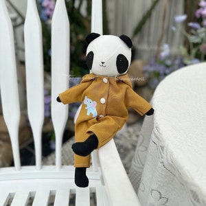 Handcrafted linen fabric panda doll with yellow bunny coat - Handmade gift for Birthday/Christening/ Baby shower/ Best present for kids